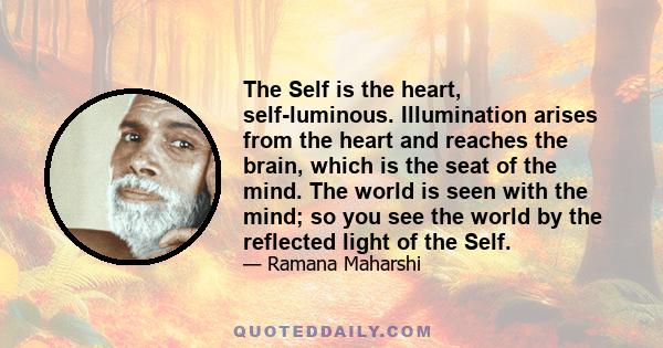 The Self is the heart, self-luminous. Illumination arises from the heart and reaches the brain, which is the seat of the mind. The world is seen with the mind; so you see the world by the reflected light of the Self.