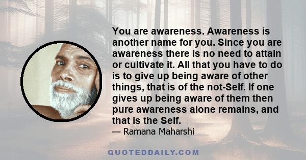 You are awareness. Awareness is another name for you. Since you are awareness there is no need to attain or cultivate it. All that you have to do is to give up being aware of other things, that is of the not-Self. If