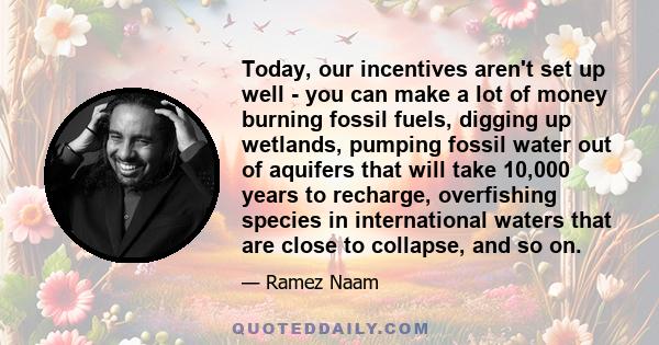 Today, our incentives aren't set up well - you can make a lot of money burning fossil fuels, digging up wetlands, pumping fossil water out of aquifers that will take 10,000 years to recharge, overfishing species in