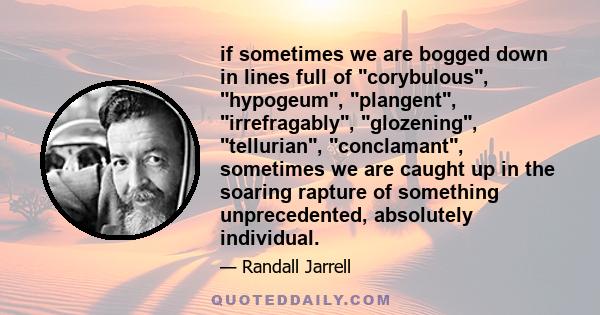 if sometimes we are bogged down in lines full of corybulous, hypogeum, plangent, irrefragably, glozening, tellurian, conclamant, sometimes we are caught up in the soaring rapture of something unprecedented, absolutely