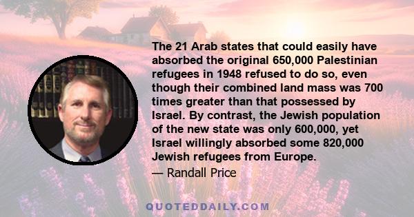 The 21 Arab states that could easily have absorbed the original 650,000 Palestinian refugees in 1948 refused to do so, even though their combined land mass was 700 times greater than that possessed by Israel. By