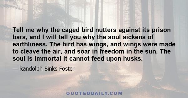 Tell me why the caged bird nutters against its prison bars, and I will tell you why the soul sickens of earthliness. The bird has wings, and wings were made to cleave the air, and soar in freedom in the sun. The soul is 