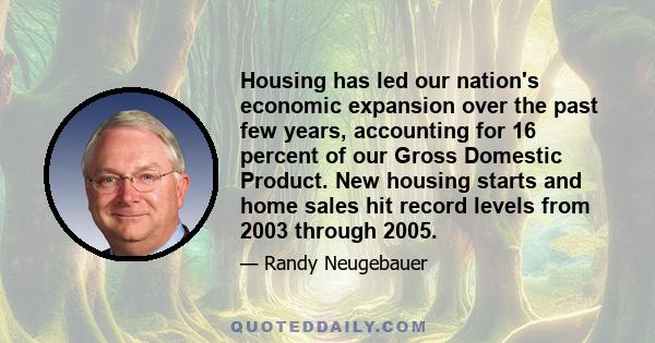 Housing has led our nation's economic expansion over the past few years, accounting for 16 percent of our Gross Domestic Product. New housing starts and home sales hit record levels from 2003 through 2005.