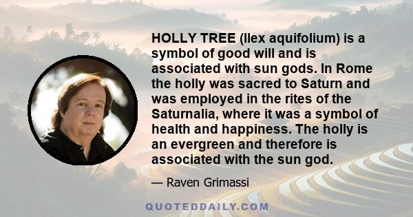 HOLLY TREE (Ilex aquifolium) is a symbol of good will and is associated with sun gods. In Rome the holly was sacred to Saturn and was employed in the rites of the Saturnalia, where it was a symbol of health and