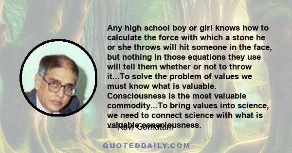 Any high school boy or girl knows how to calculate the force with which a stone he or she throws will hit someone in the face, but nothing in those equations they use will tell them whether or not to throw it...To solve 