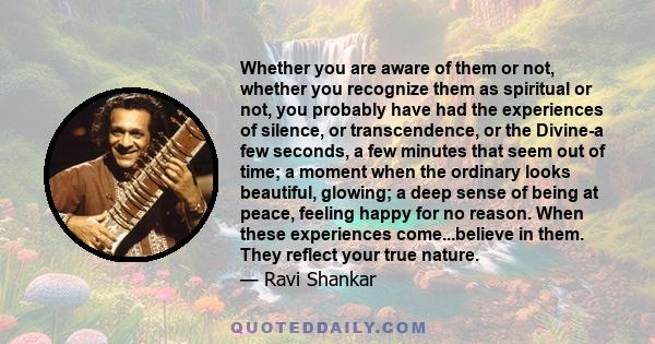 Whether you are aware of them or not, whether you recognize them as spiritual or not, you probably have had the experiences of silence, or transcendence, or the Divine-a few seconds, a few minutes that seem out of time; 