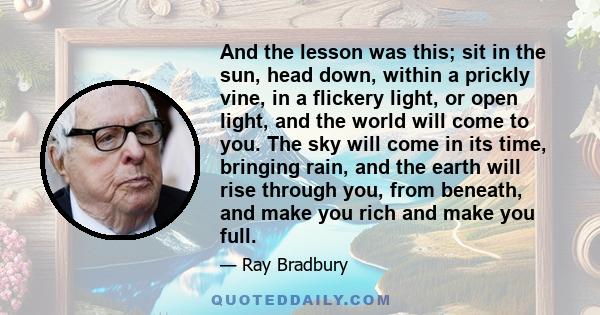 And the lesson was this; sit in the sun, head down, within a prickly vine, in a flickery light, or open light, and the world will come to you. The sky will come in its time, bringing rain, and the earth will rise