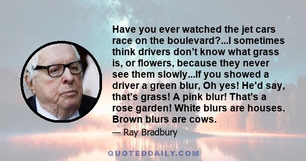 Have you ever watched the jet cars race on the boulevard?...I sometimes think drivers don’t know what grass is, or flowers, because they never see them slowly...If you showed a driver a green blur, Oh yes! He'd say,