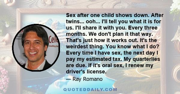 Sex after one child shows down. After twins... ooh... I'll tell you what it is for us. I'll share it with you. Every three months. We don't plan it that way. That's just how it works out. It's the weirdest thing. You