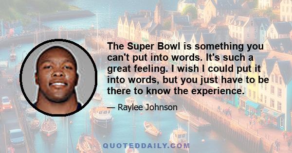 The Super Bowl is something you can't put into words. It's such a great feeling. I wish I could put it into words, but you just have to be there to know the experience.