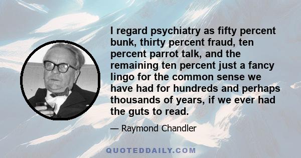 I regard psychiatry as fifty percent bunk, thirty percent fraud, ten percent parrot talk, and the remaining ten percent just a fancy lingo for the common sense we have had for hundreds and perhaps thousands of years, if 