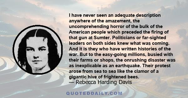 I have never seen an adequate description anywhere of the amazement, the uncomprehending horror of the bulk of the American people which preceded the firing of that gun at Sumter. Politicians or far-sighted leaders on