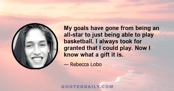 My goals have gone from being an all-star to just being able to play basketball. I always took for granted that I could play. Now I know what a gift it is.