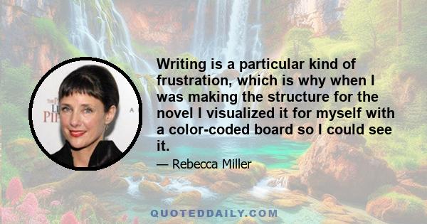 Writing is a particular kind of frustration, which is why when I was making the structure for the novel I visualized it for myself with a color-coded board so I could see it.