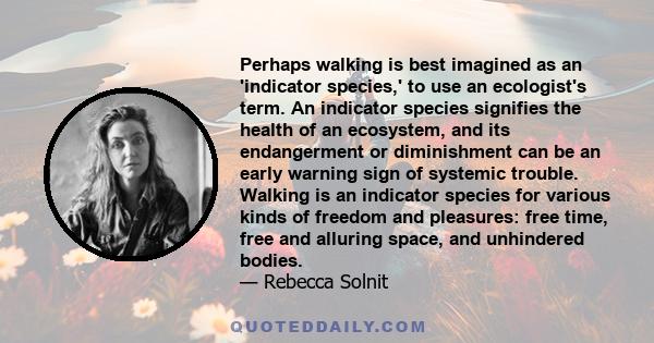 Perhaps walking is best imagined as an 'indicator species,' to use an ecologist's term. An indicator species signifies the health of an ecosystem, and its endangerment or diminishment can be an early warning sign of