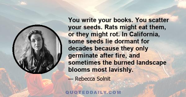 You write your books. You scatter your seeds. Rats might eat them, or they might rot. In California, some seeds lie dormant for decades because they only germinate after fire, and sometimes the burned landscape blooms