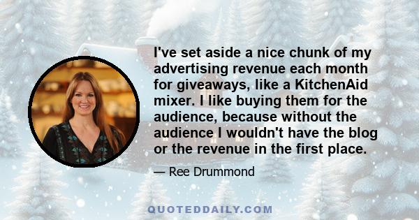 I've set aside a nice chunk of my advertising revenue each month for giveaways, like a KitchenAid mixer. I like buying them for the audience, because without the audience I wouldn't have the blog or the revenue in the