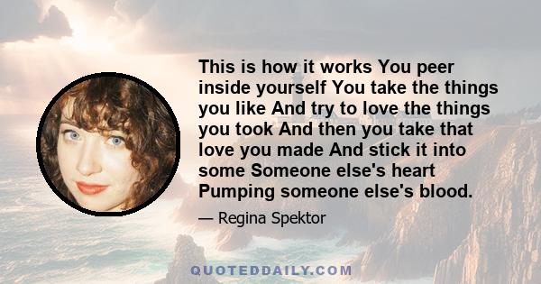 This is how it works You peer inside yourself You take the things you like And try to love the things you took And then you take that love you made And stick it into some Someone else's heart Pumping someone else's