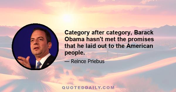 Category after category, Barack Obama hasn't met the promises that he laid out to the American people.