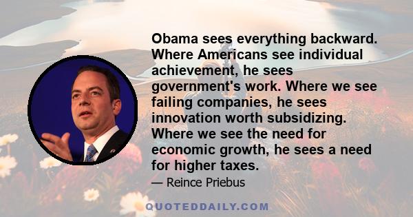 Obama sees everything backward. Where Americans see individual achievement, he sees government's work. Where we see failing companies, he sees innovation worth subsidizing. Where we see the need for economic growth, he