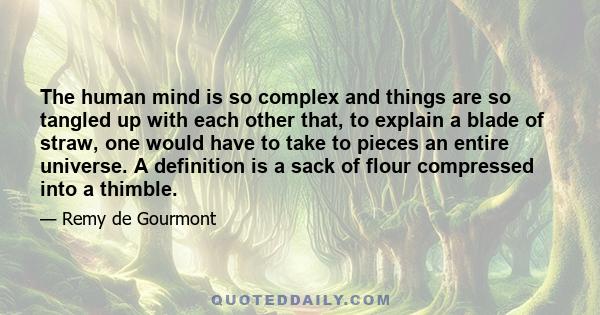 The human mind is so complex and things are so tangled up with each other that, to explain a blade of straw, one would have to take to pieces an entire universe. A definition is a sack of flour compressed into a thimble.