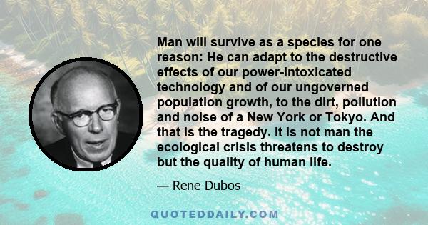 Man will survive as a species for one reason: He can adapt to the destructive effects of our power-intoxicated technology and of our ungoverned population growth, to the dirt, pollution and noise of a New York or Tokyo. 