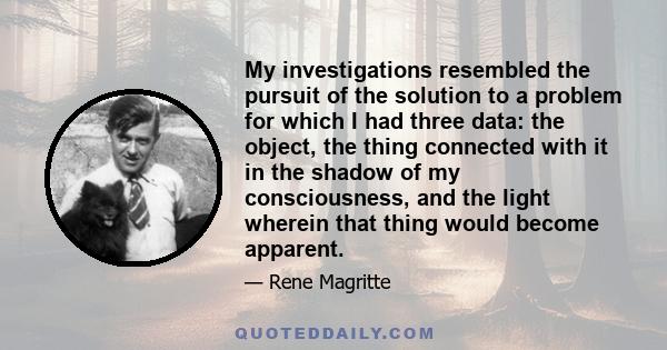 My investigations resembled the pursuit of the solution to a problem for which I had three data: the object, the thing connected with it in the shadow of my consciousness, and the light wherein that thing would become