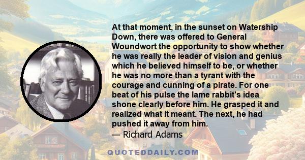 At that moment, in the sunset on Watership Down, there was offered to General Woundwort the opportunity to show whether he was really the leader of vision and genius which he believed himself to be, or whether he was no 