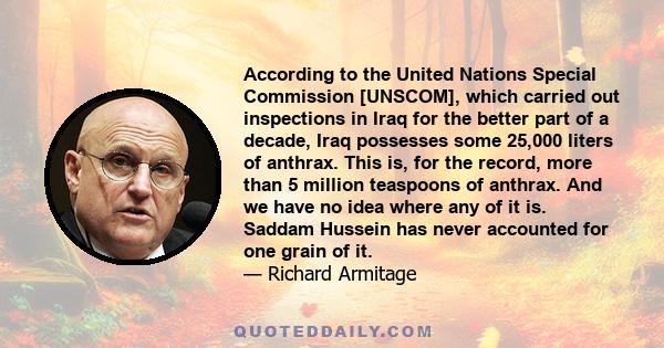 According to the United Nations Special Commission [UNSCOM], which carried out inspections in Iraq for the better part of a decade, Iraq possesses some 25,000 liters of anthrax. This is, for the record, more than 5