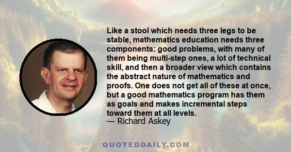 Like a stool which needs three legs to be stable, mathematics education needs three components: good problems, with many of them being multi-step ones, a lot of technical skill, and then a broader view which contains