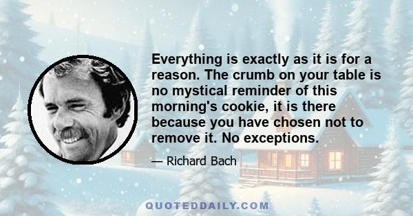 Everything is exactly as it is for a reason. The crumb on your table is no mystical reminder of this morning's cookie, it is there because you have chosen not to remove it. No exceptions.