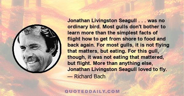 Jonathan Livingston Seagull . . . was no ordinary bird. Most gulls don't bother to learn more than the simplest facts of flight how to get from shore to food and back again. For most gulls, it is not flying that