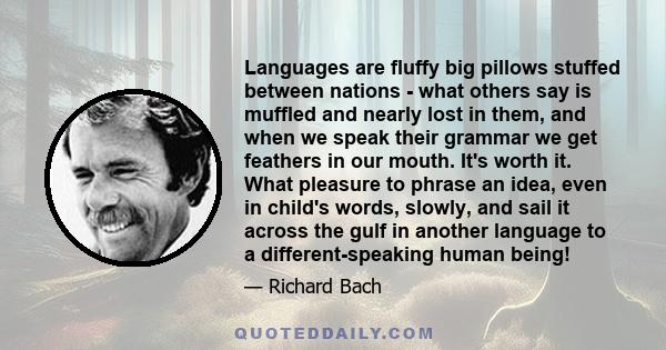 Languages are fluffy big pillows stuffed between nations - what others say is muffled and nearly lost in them, and when we speak their grammar we get feathers in our mouth. It's worth it. What pleasure to phrase an