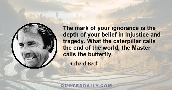 The mark of your ignorance is the depth of your belief in injustice and tragedy. What the caterpillar calls the end of the world, the Master calls the butterfly.