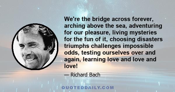 We're the bridge across forever, arching above the sea, adventuring for our pleasure, living mysteries for the fun of it, choosing disasters triumphs challenges impossible odds, testing ourselves over and again,