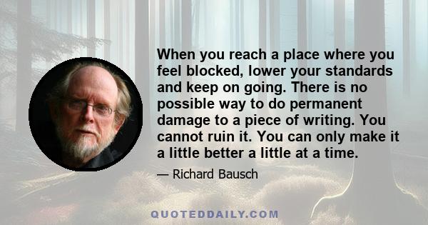 When you reach a place where you feel blocked, lower your standards and keep on going. There is no possible way to do permanent damage to a piece of writing. You cannot ruin it. You can only make it a little better a