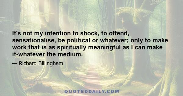 It's not my intention to shock, to offend, sensationalise, be political or whatever; only to make work that is as spiritually meaningful as I can make it-whatever the medium.