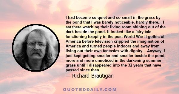 I had become so quiet and so small in the grass by the pond that I was barely noticeable, hardly there... I sat there watching their living room shining out of the dark beside the pond. It looked like a fairy tale