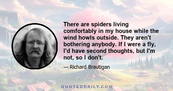 There are spiders living comfortably in my house while the wind howls outside. They aren't bothering anybody. If I were a fly, I'd have second thoughts, but I'm not, so I don't.