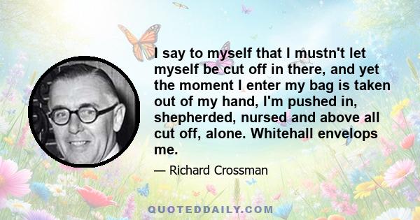 I say to myself that I mustn't let myself be cut off in there, and yet the moment I enter my bag is taken out of my hand, I'm pushed in, shepherded, nursed and above all cut off, alone. Whitehall envelops me.