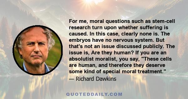 For me, moral questions such as stem-cell research turn upon whether suffering is caused. In this case, clearly none is. The embryos have no nervous system. But that's not an issue discussed publicly. The issue is, Are