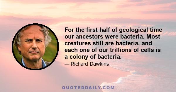 For the first half of geological time our ancestors were bacteria. Most creatures still are bacteria, and each one of our trillions of cells is a colony of bacteria.