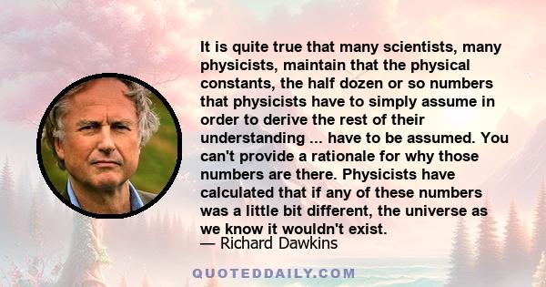 It is quite true that many scientists, many physicists, maintain that the physical constants, the half dozen or so numbers that physicists have to simply assume in order to derive the rest of their understanding ...