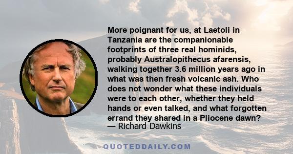 More poignant for us, at Laetoli in Tanzania are the companionable footprints of three real hominids, probably Australopithecus afarensis, walking together 3.6 million years ago in what was then fresh volcanic ash. Who