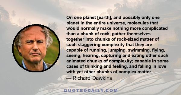 On one planet [earth], and possibly only one planet in the entire universe, molecules that would normally make nothing more complicated than a chunk of rock, gather themselves together into chunks of rock-sized matter