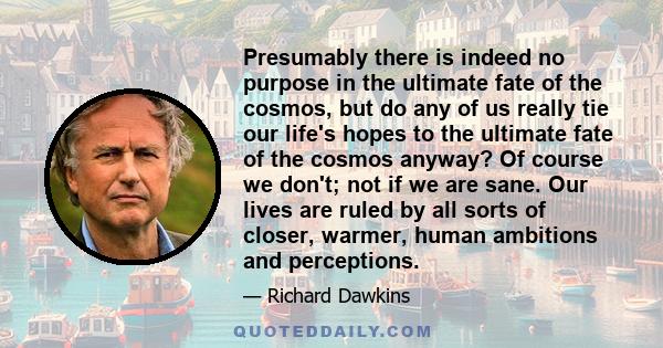 Presumably there is indeed no purpose in the ultimate fate of the cosmos, but do any of us really tie our life's hopes to the ultimate fate of the cosmos anyway? Of course we don't; not if we are sane. Our lives are