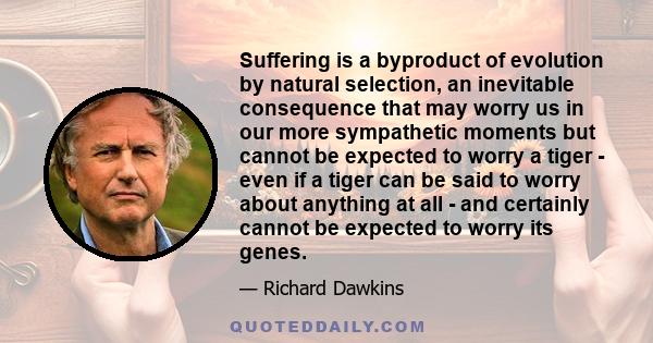 Suffering is a byproduct of evolution by natural selection, an inevitable consequence that may worry us in our more sympathetic moments but cannot be expected to worry a tiger - even if a tiger can be said to worry