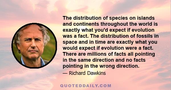 The distribution of species on islands and continents throughout the world is exactly what you'd expect if evolution was a fact. The distribution of fossils in space and in time are exactly what you would expect if