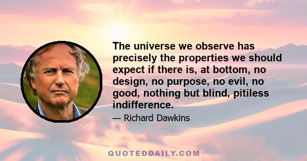 The universe we observe has precisely the properties we should expect if there is, at bottom, no design, no purpose, no evil, no good, nothing but blind, pitiless indifference.