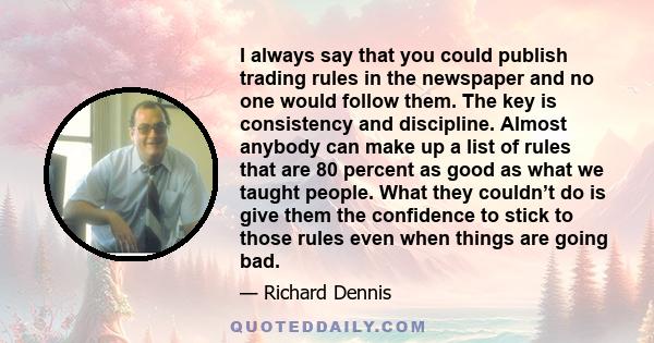 I always say that you could publish trading rules in the newspaper and no one would follow them. The key is consistency and discipline. Almost anybody can make up a list of rules that are 80 percent as good as what we